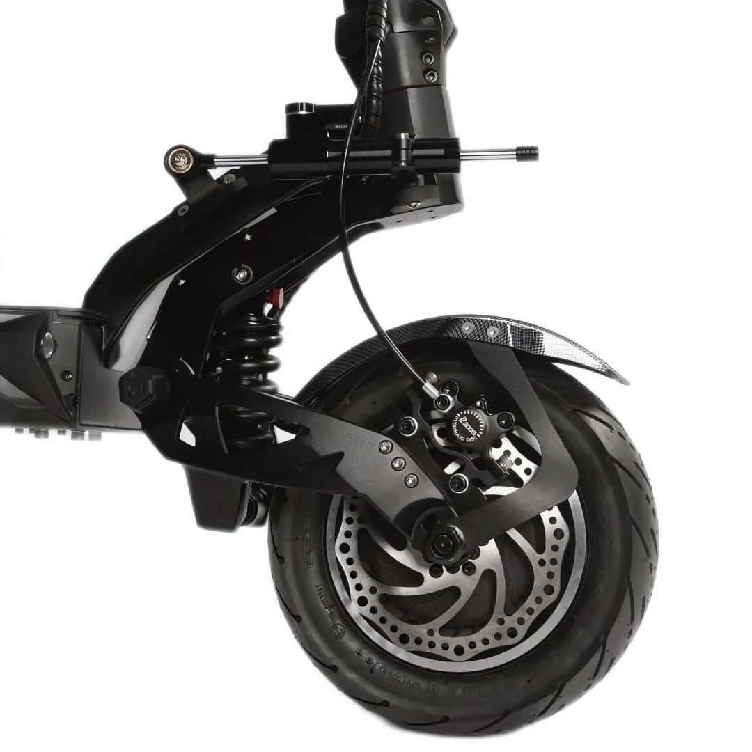 Electric Scooter Teverun Fighter 11 Plus, features a robust design with a durable rear wheel and hydraulic brakes.