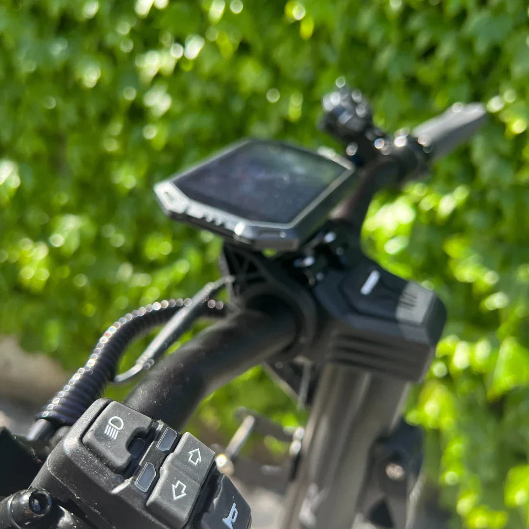 Electric Scooter Teverun Fighter 11 Plus features a digital display, control buttons, and sleek handlebars.