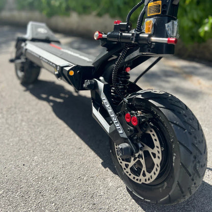 Electric Scooter Teverun Fighter 11 Plus features robust design, large tires, dual suspension, and brake system.
