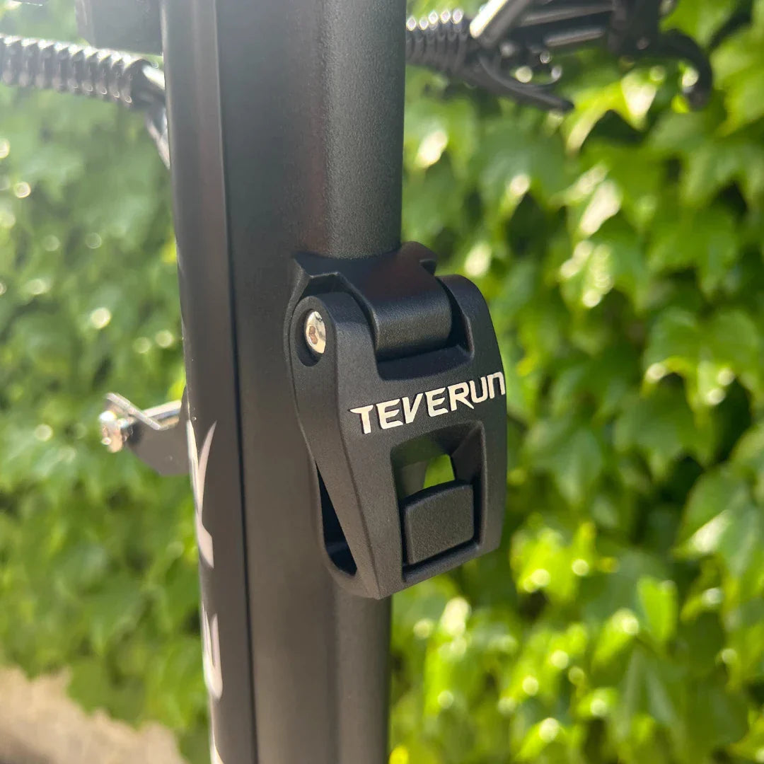 Electric Scooter Teverun Fighter 11 Plus, featuring a robust locking mechanism and sleek black design.