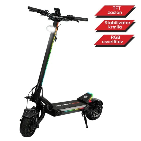 Electric scooter Teverun Fighter 11+ 2024 – front three-quarter view with features highlighted