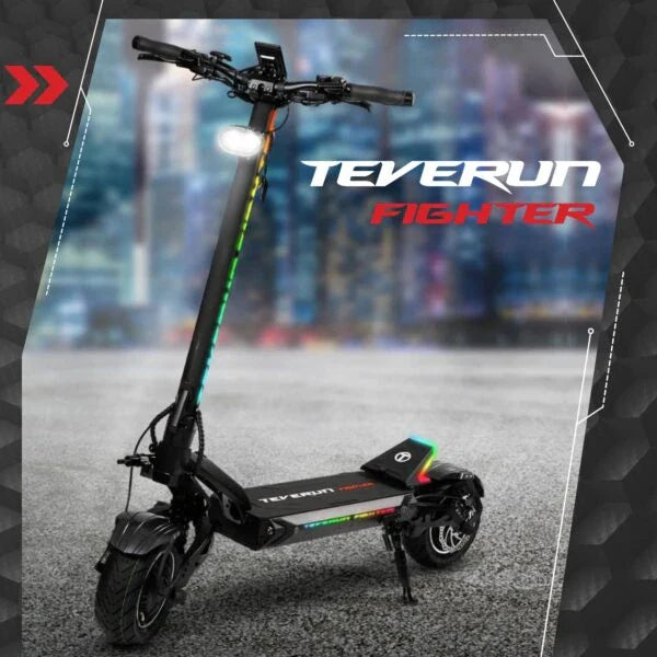 Electric scooter Teverun Fighter 11+ 2024 – front three-quarter view with LED lights