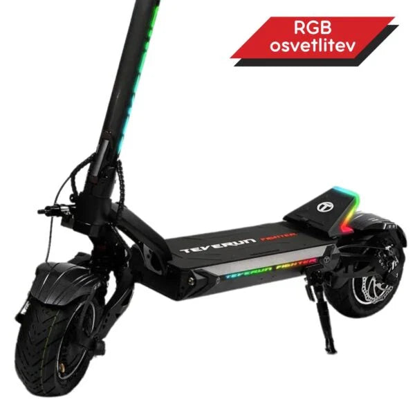 Electric scooter Teverun Fighter 11+ 2024 – front three-quarter view with RGB lighting