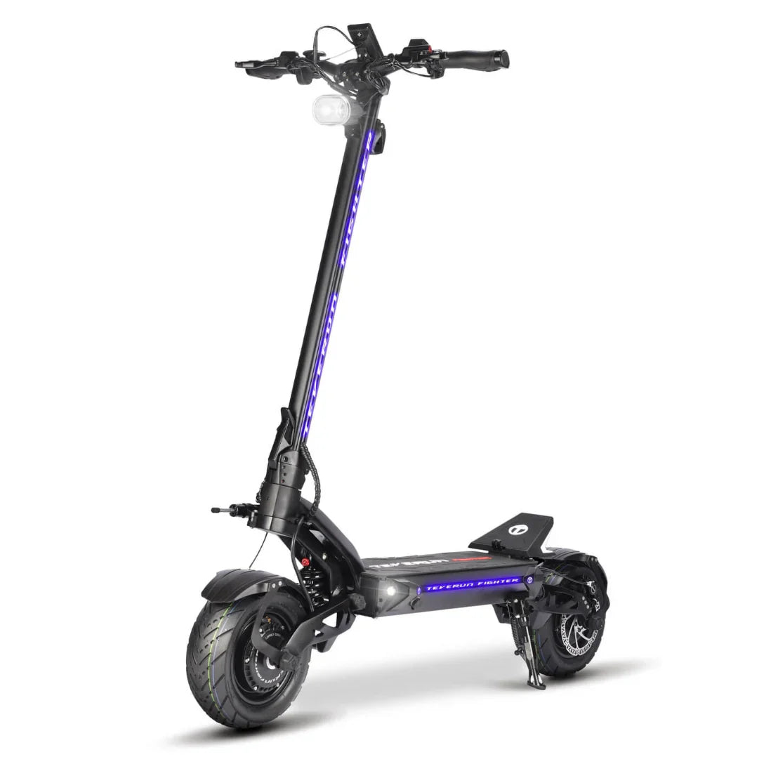 Electric scooter Teverun Fighter 11+ 2024 – front view with purple underglow lighting