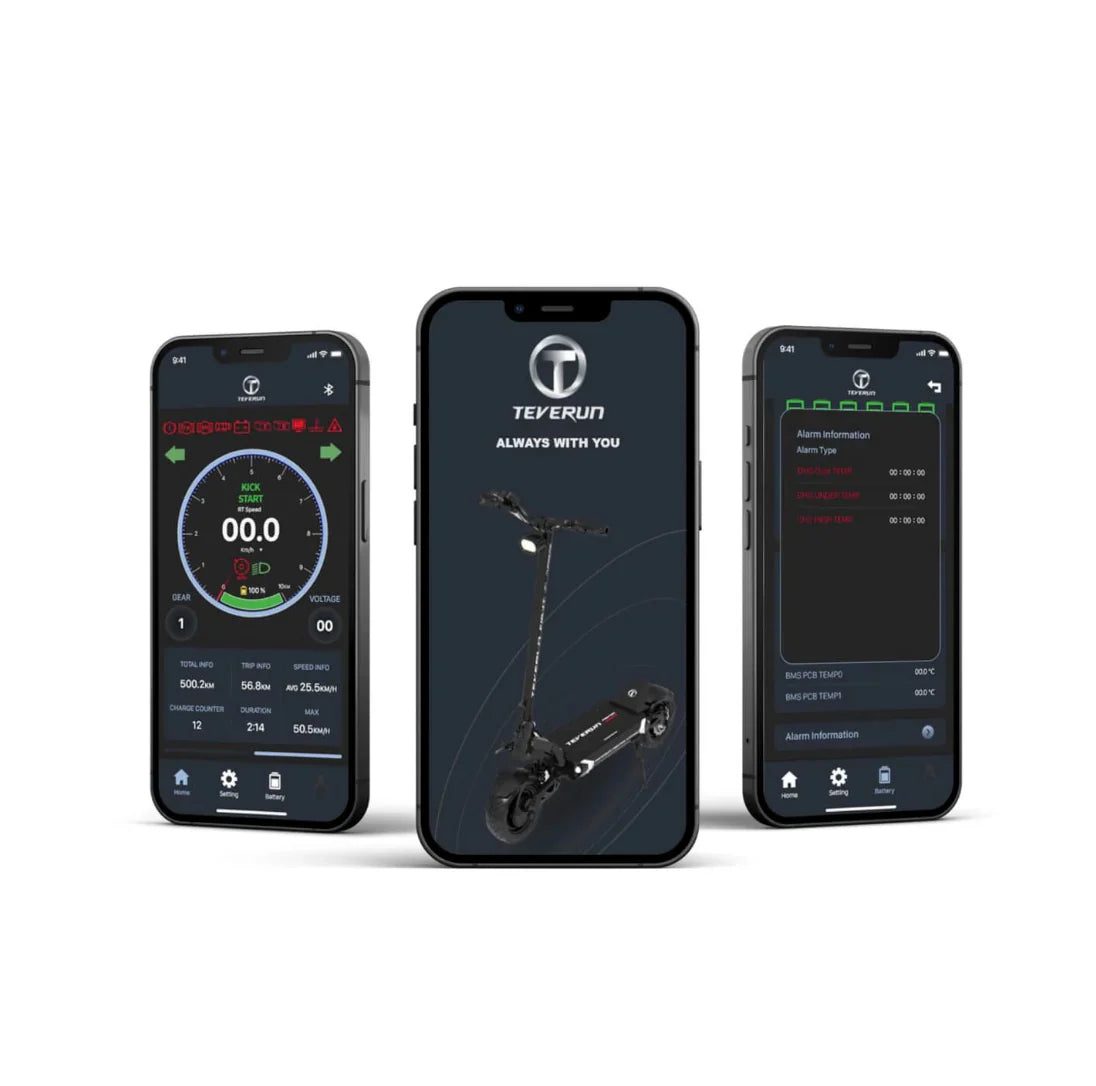 Electric scooter Teverun Fighter 11+ 2024 – three smartphones displaying app interface
