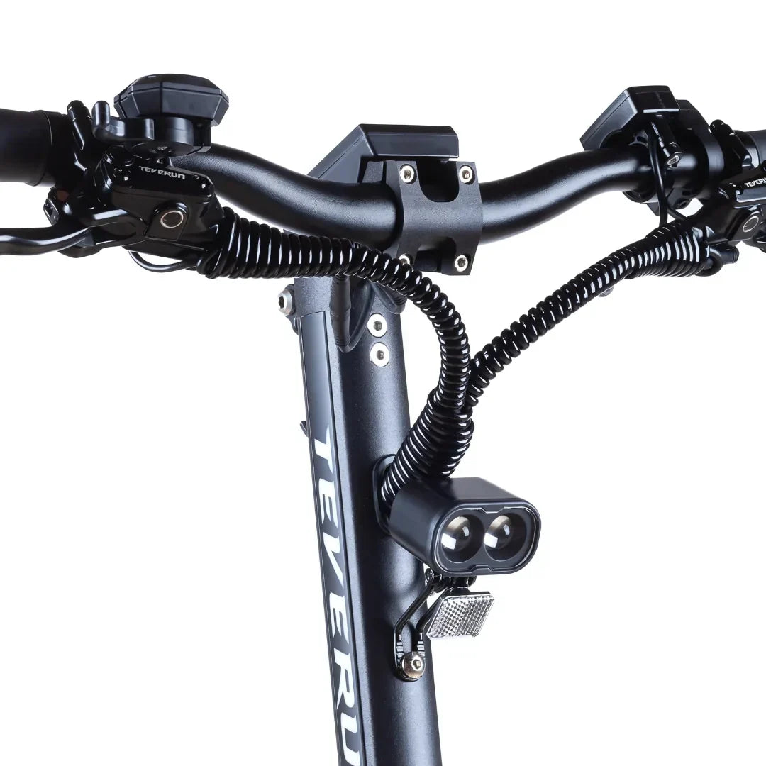 Electric scooter Teverun Fighter Mini PRO 2025 – front headlight and handlebar close-up