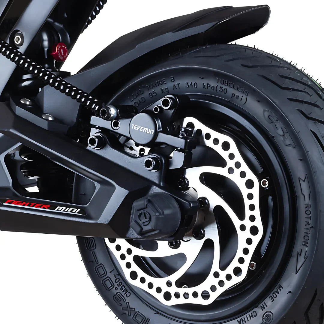 Electric scooter Teverun Fighter Mini PRO 2025 – rear disc brake caliper detail