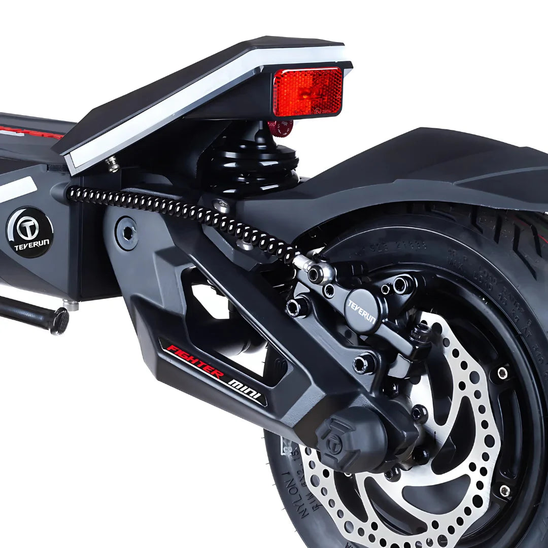 Electric Scooter Teverun Fighter Mini Pro 2025 features a sleek black design, adjustable rear suspension, and disc brakes.