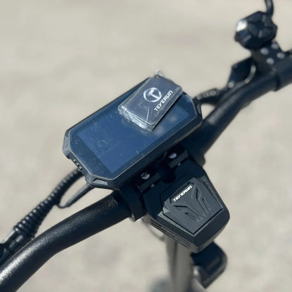 Electric Scooter Teverun Fighter Mini Pro 2025 features a sleek handlebar display with advanced controls and design.