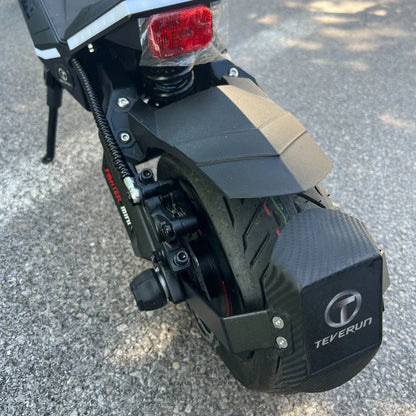 Electric Scooter Teverun Fighter Mini Pro 2025 features a robust rear tire design, durable fender, and sleek logo.