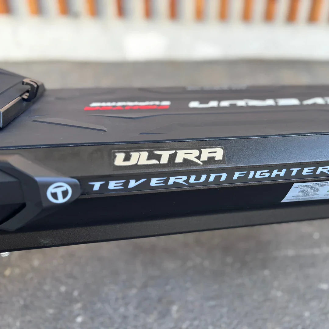 Electric Scooter Teverun Fighter Supreme 7260 Ultra features a sleek black design with bold branding, ideal for urban commuting.