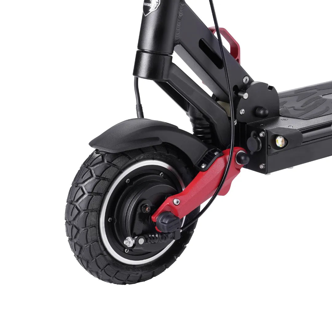 Electric Scooter Hiley Tiger 8 Gtr V4 features a robust front wheel with a stylish red accent, high-quality tire.