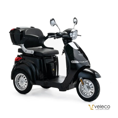 Electric Mobility Scooter Veleco Cristal features a stylish black design, comfortable seating, and spacious storage.