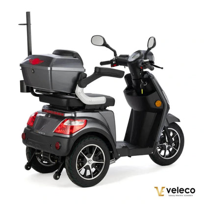 Electric Mobility Scooter Veleco Draco features a sleek design, rear storage box, and comfortable seating.