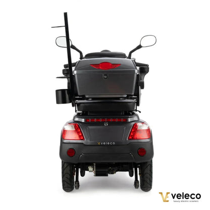 Electric Mobility Scooter Veleco Draco, features a sleek design, rear view with spacious storage, and sturdy tires.