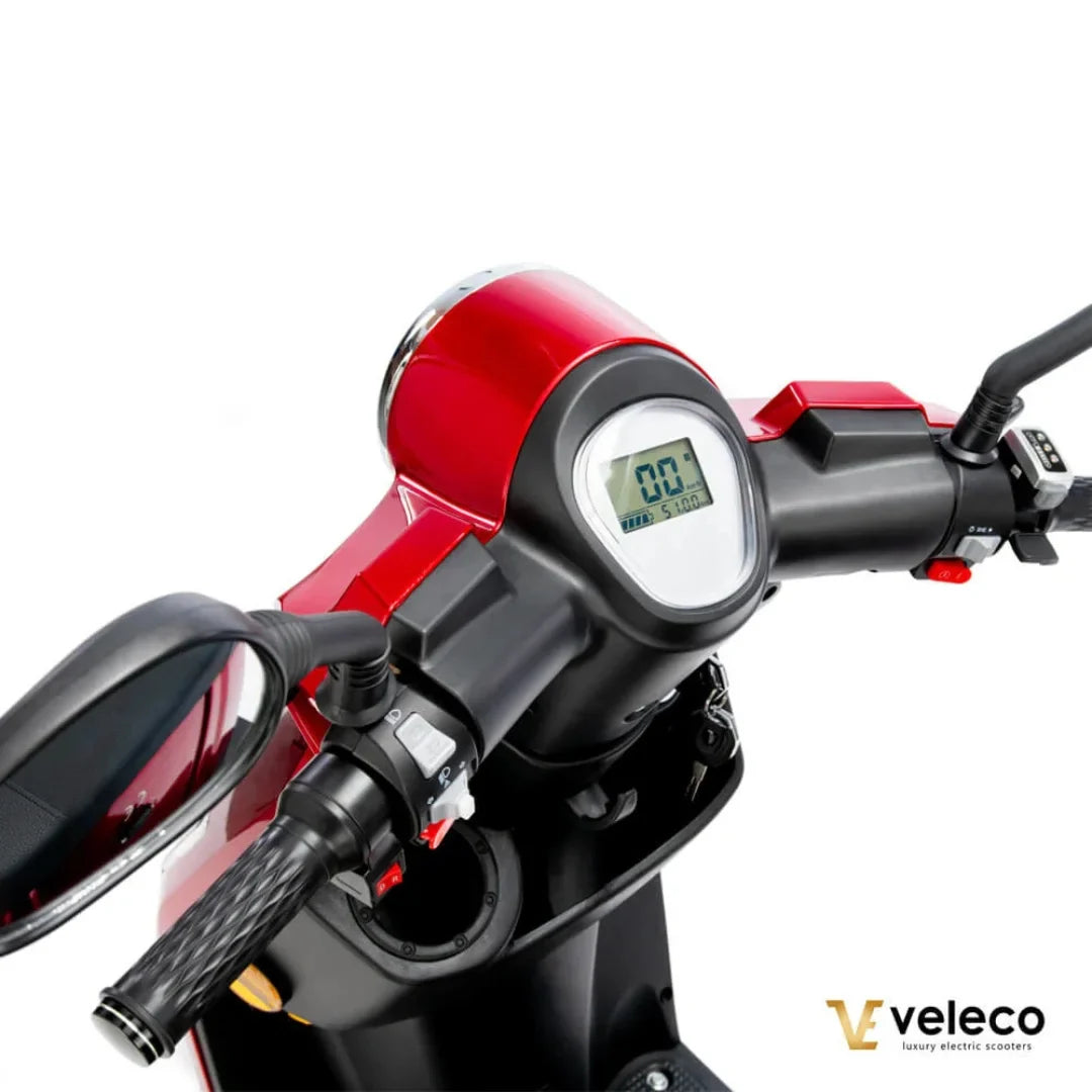 Electric Mobility Scooter Veleco Draco features a sleek design, a digital display, and ergonomic controls for comfortable rides.