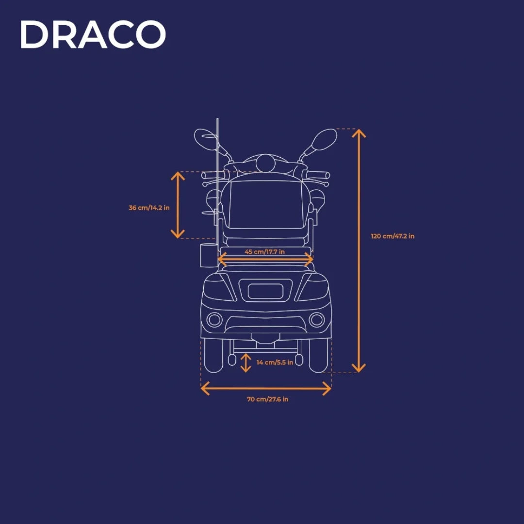 Veleco Draco – front view dimensions infographic