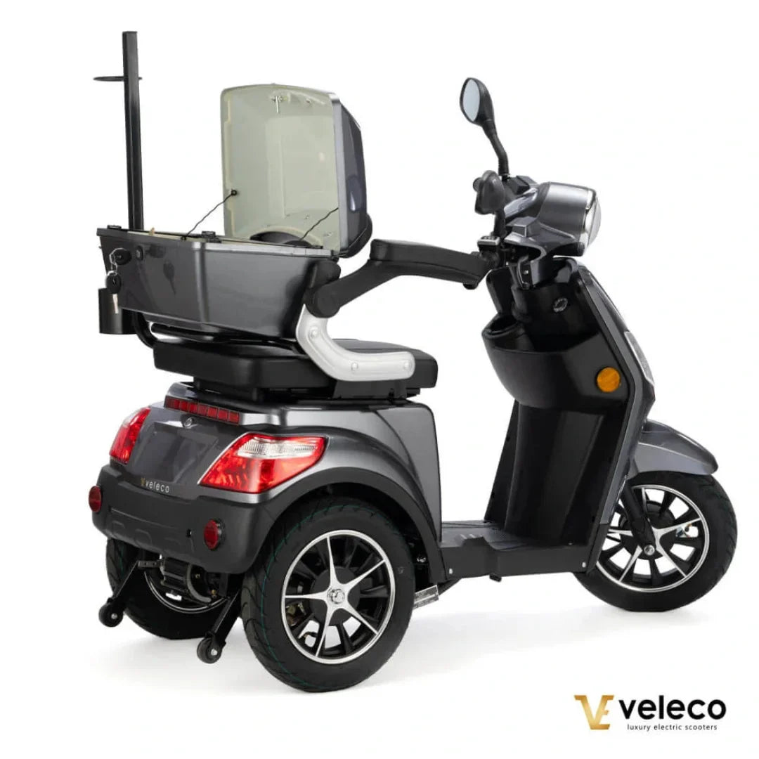 Electric Mobility Scooter Veleco Draco features a sleek design, comfortable seating, and practical storage.