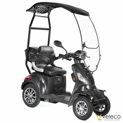 Electric Mobility Scooter Veleco Faster, stylish three-wheeled scooter with canopy, spacious seating, and modern design.