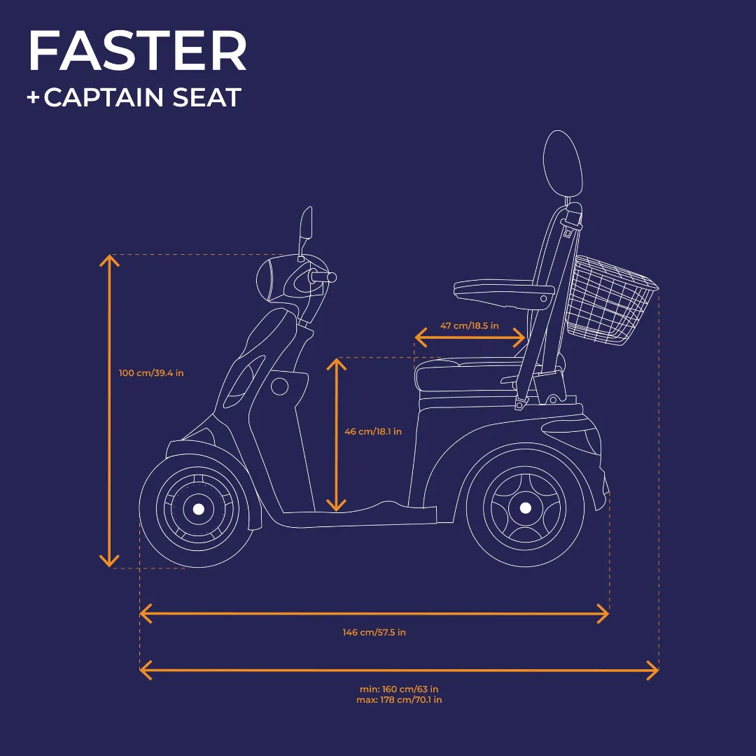 Electric Mobility Scooter Veleco Faster features detailed dimensions, including a captain seat, suitable for users.