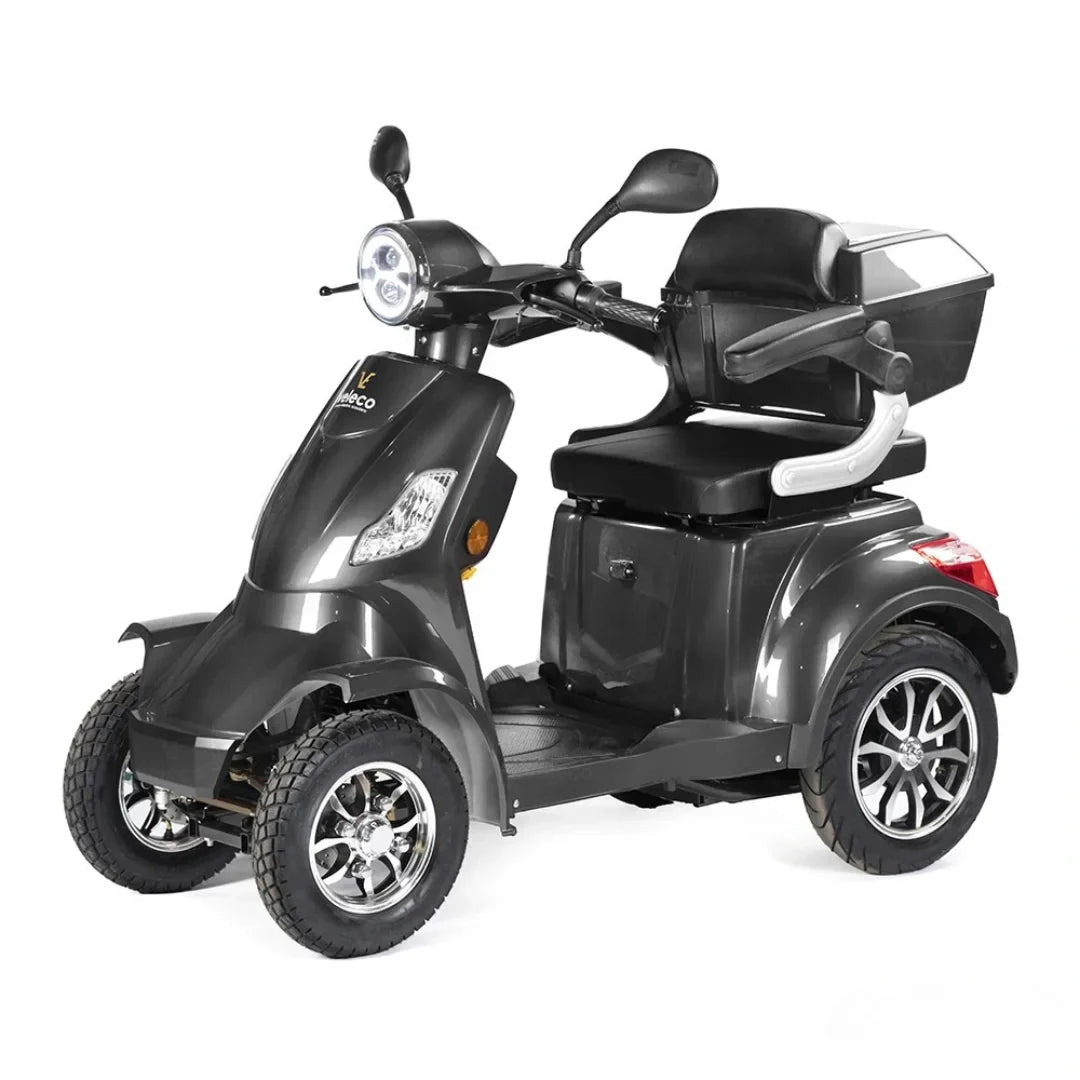 Electric Mobility Scooter Veleco Faster features a sleek design, comfortable seating, and robust wheels for stability.