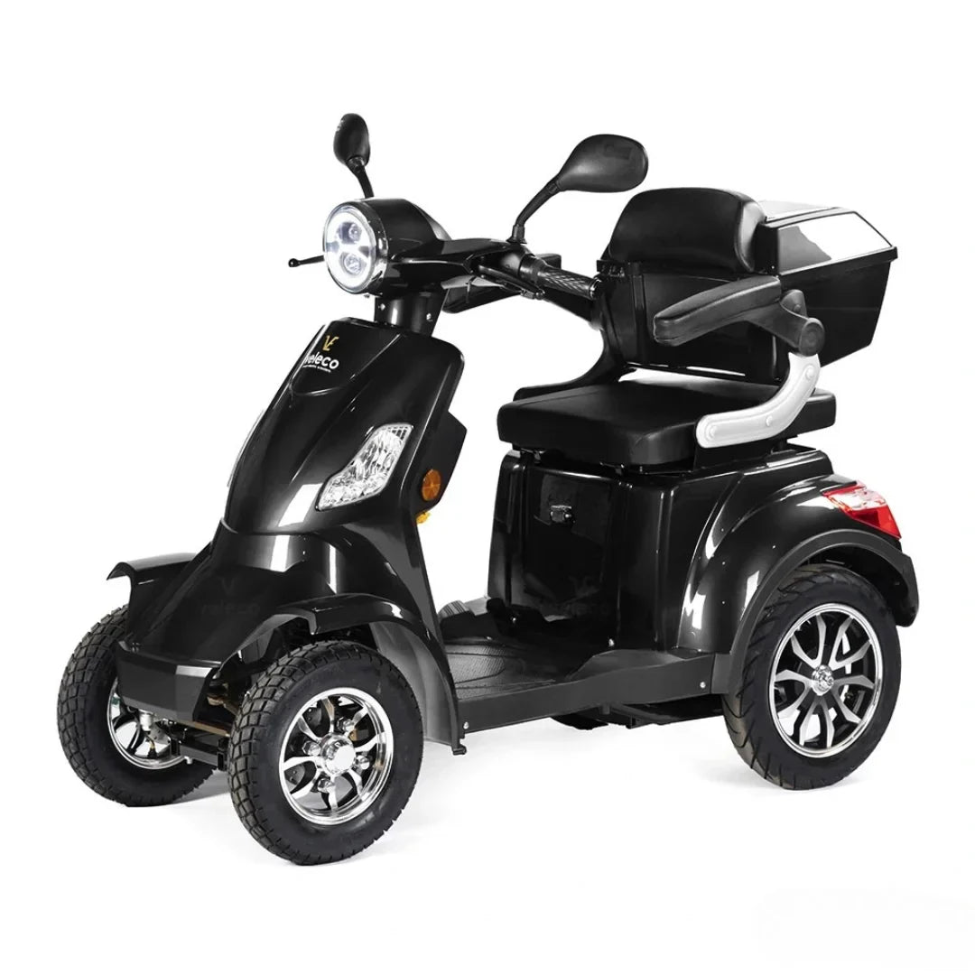 Electric Mobility Scooter Veleco Faster features a sleek black design, comfortable seating, and sturdy wheels for stability.