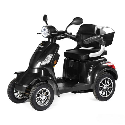 Electric Mobility Scooter Veleco Faster features a sleek black design, comfortable seating, and sturdy wheels for stability.