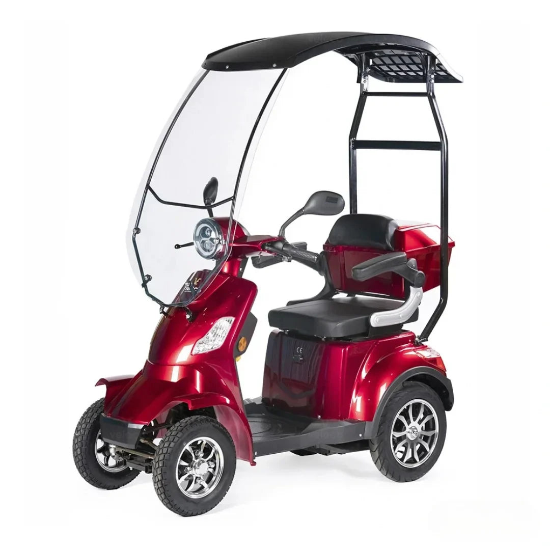 Electric Mobility Scooter Veleco Faster, stylish red design, spacious seating, protective canopy, durable wheels.