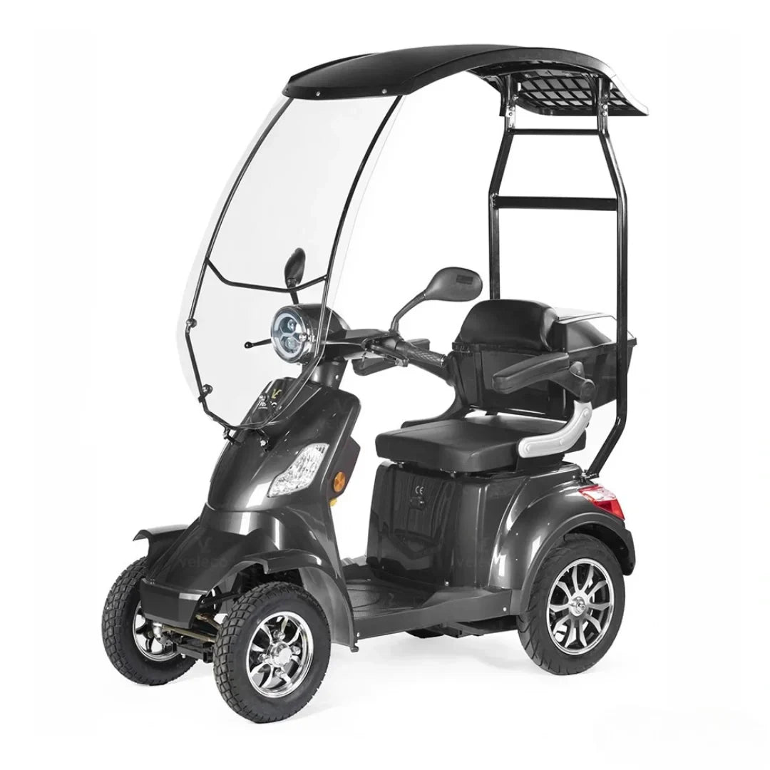 Electric Mobility Scooter Veleco Faster, features a sleek design, protective canopy, and spacious seating.