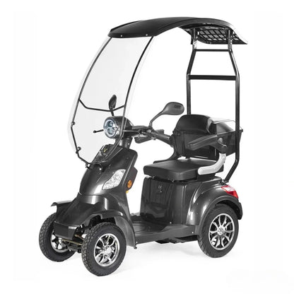 Electric Mobility Scooter Veleco Faster, features a sleek design, protective canopy, and spacious seating.