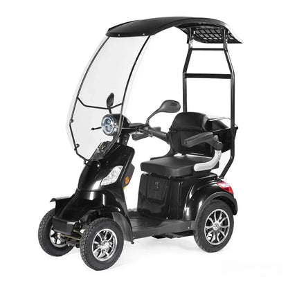 Electric Mobility Scooter Veleco Faster features a sleek black design, a protective canopy, comfortable seating, and three sturdy wheels.