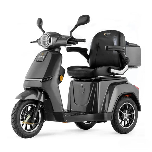 Electric Mobility Scooter Veleco Turris features a sleek design, comfortable seat, and sturdy wheels for easy maneuvering.