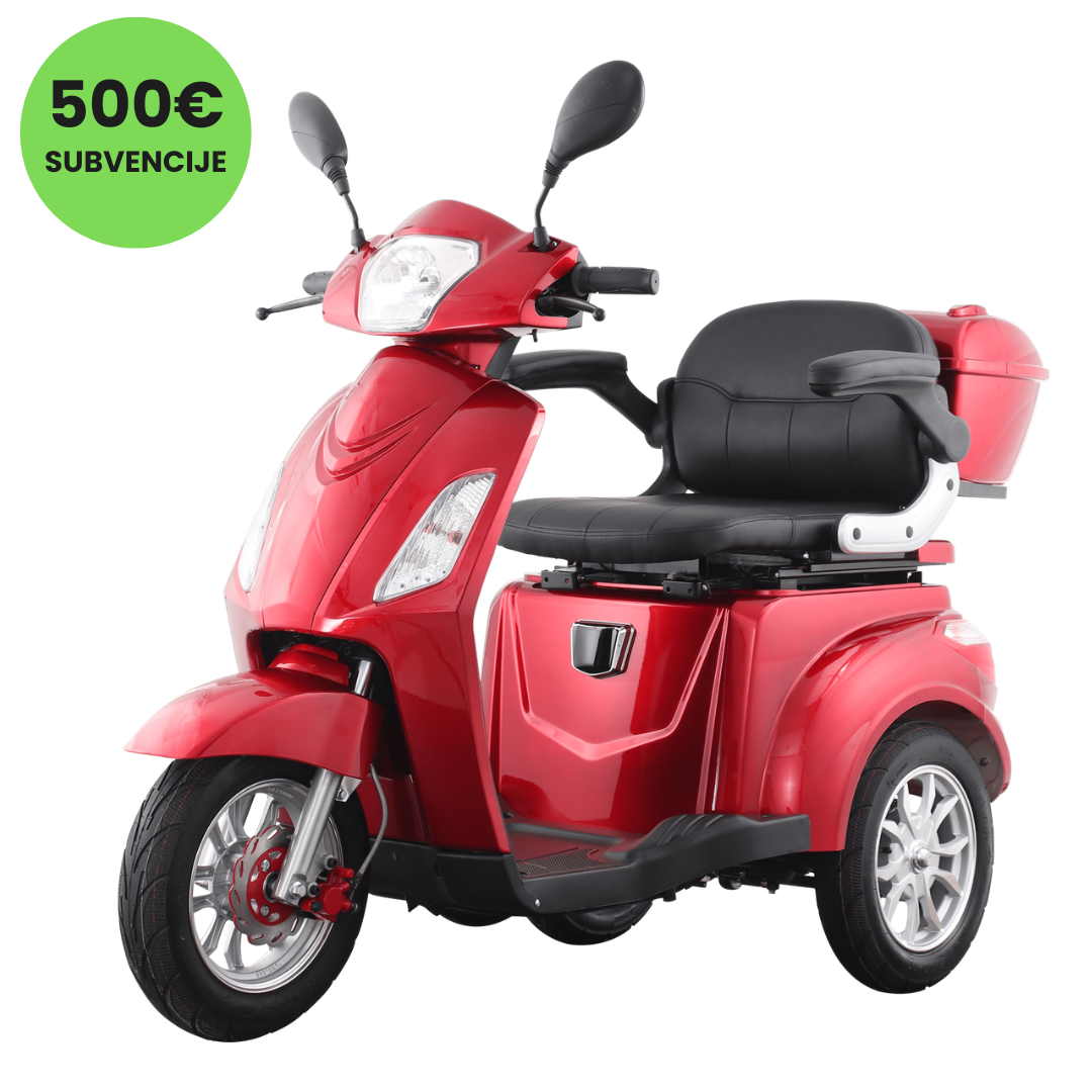 Vigorous VISTA 1 – red three-wheeled mobility scooter, front right view