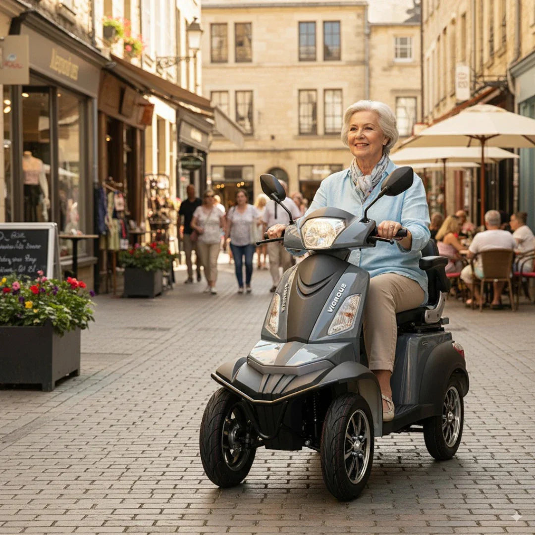 Vigorous VISTA Q1 – elderly woman riding on cobblestone street