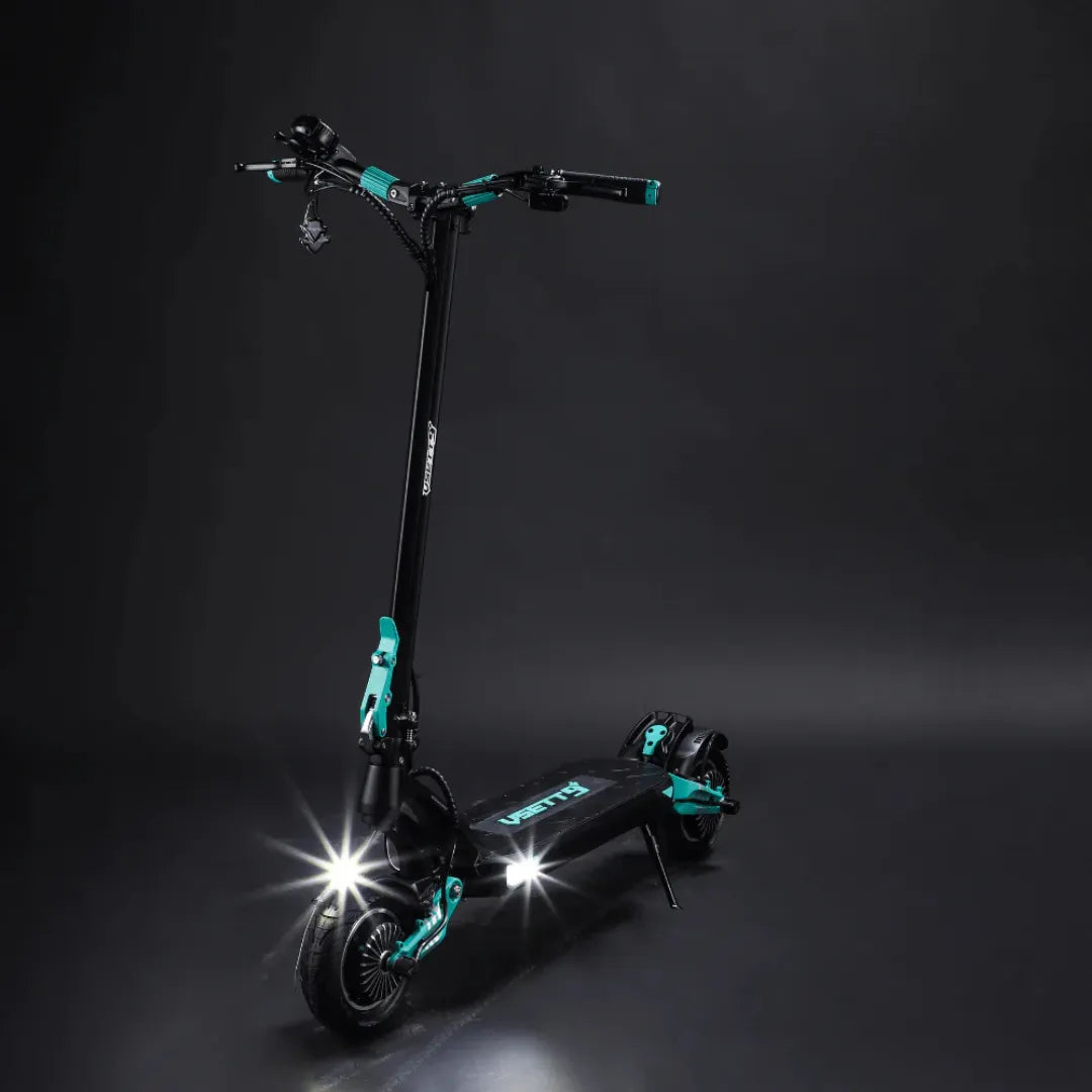 Electric Scooter Vsett 9, sleek design, black and turquoise accents, equipped with bright headlights for visibility.