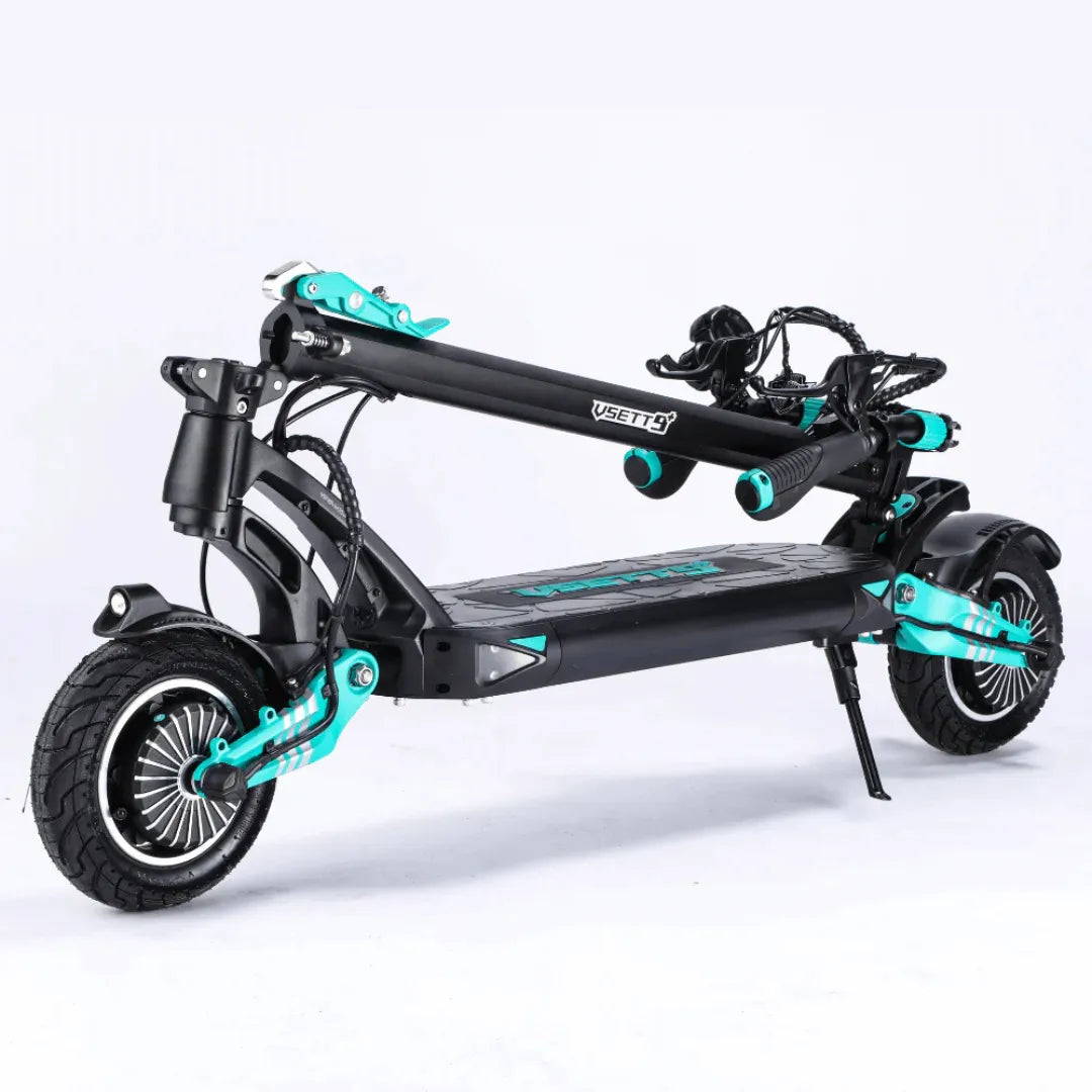 Electric Scooter Vsett 9 features a sleek folding design, durable materials, and eye-catching turquoise accents.