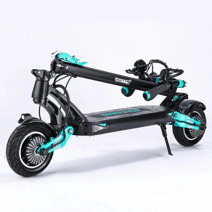 Electric Scooter Vsett 9 features a sleek folding design, durable materials, and eye-catching turquoise accents.