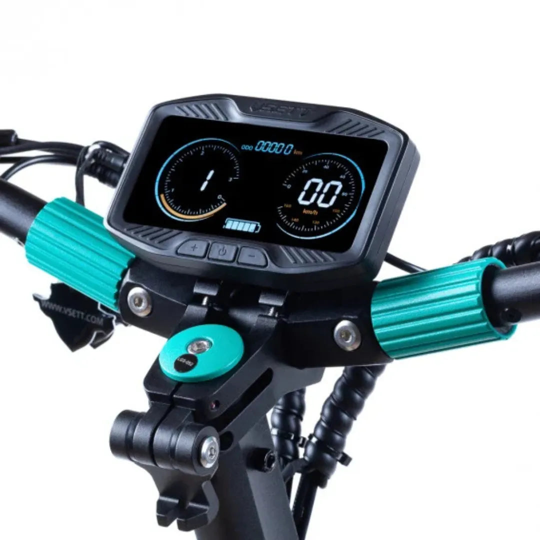 Electric Scooter Vsett 9 features a sleek dashboard with a digital display, speed readings, and control buttons.