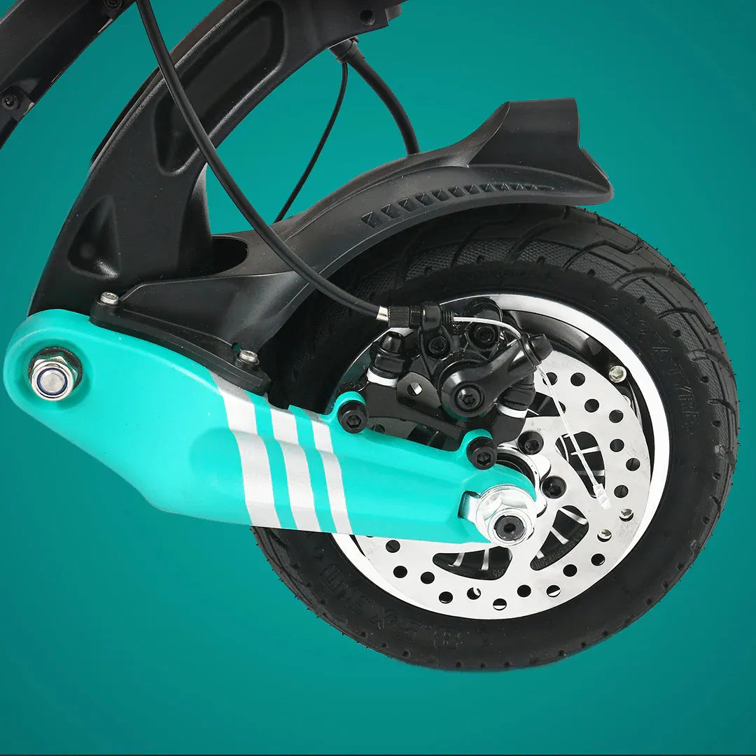 Electric Scooter Vsett 9 features a robust front wheel with advanced disc brake system and stylish design.