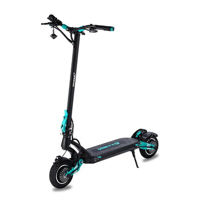 Electric Scooter Vsett 9 features a sleek black design with turquoise accents, sturdy construction, and large wheels.