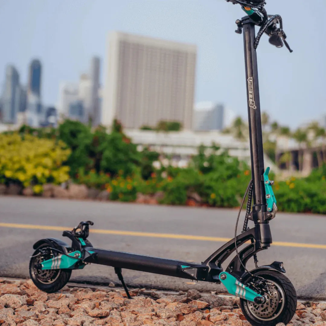 Electric scooter VSETT 9+ – folded view, outdoor setting