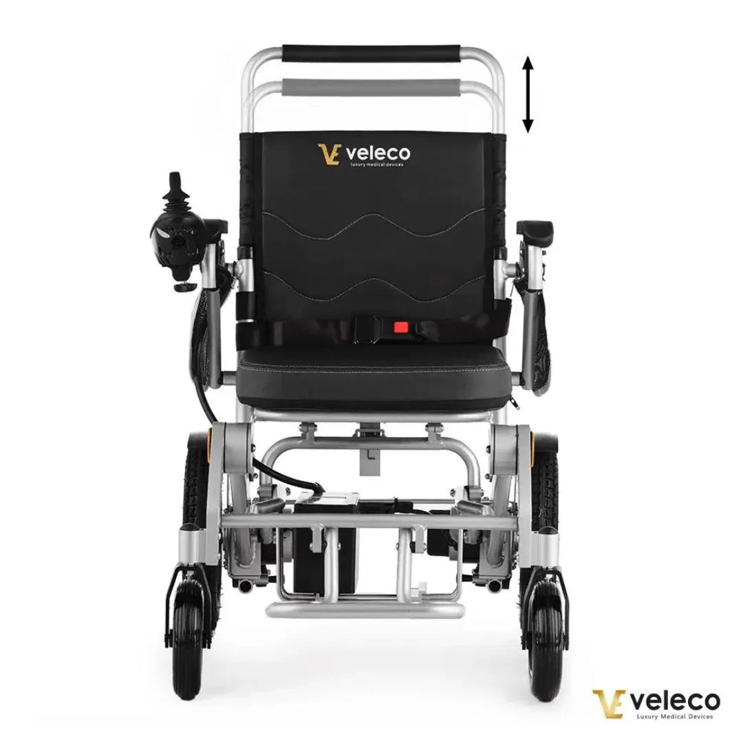 Product title: Electric Wheelchair Veleco Cosmo. The Veleco Cosmo wheelchair features a sleek design, ergonomic controls, and adjustable seating for comfort.