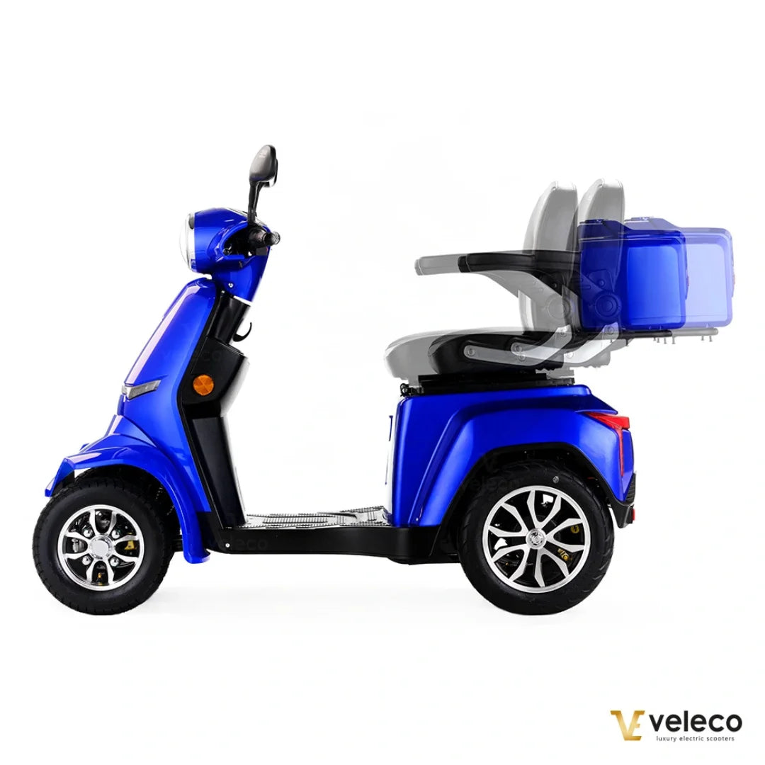 Electric Mobility Scooter Veleco Gravis, stylish blue design, adjustable seat for comfort, smooth ride experience.