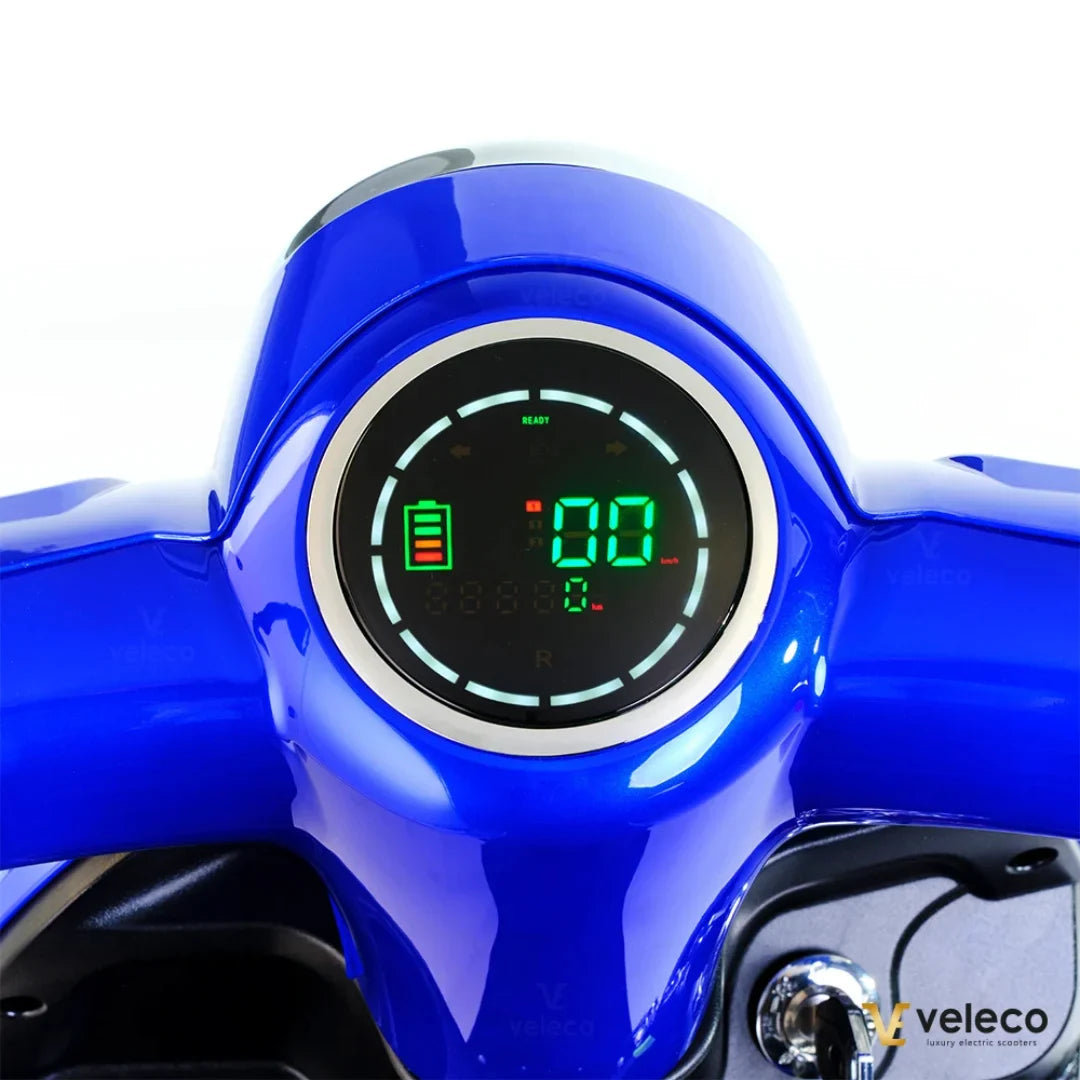 Electric Mobility Scooter Veleco Gravis features a sleek blue design, digital display, and easy controls.