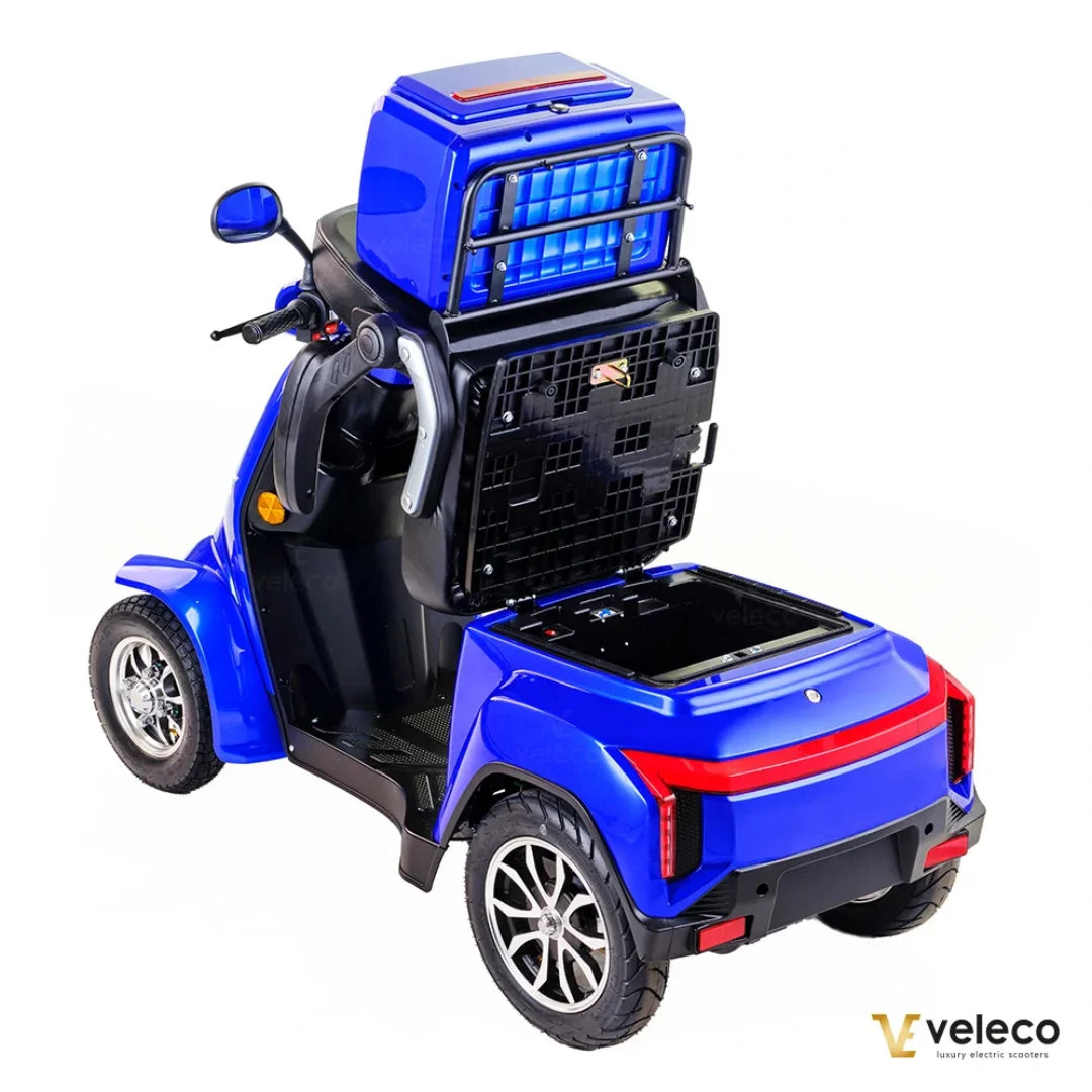 Electric Mobility Scooter Veleco Gravis features a vibrant blue design, spacious storage, and comfortable seat.