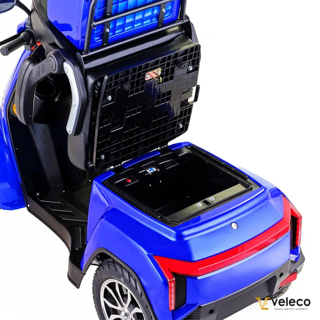 Electric Mobility Scooter Veleco Gravis features a spacious storage compartment, sleek blue design, and modern styling.