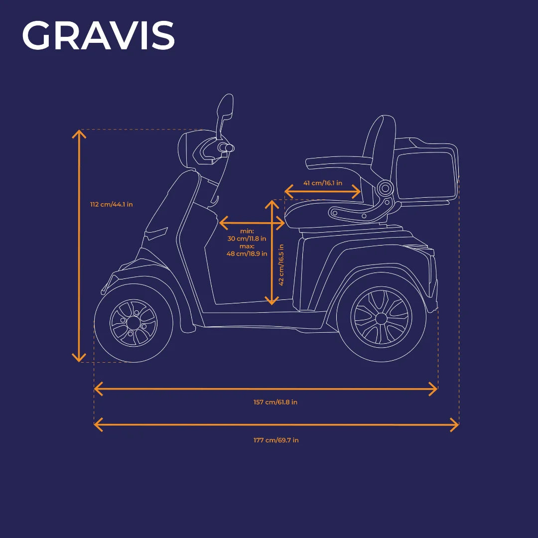 Electric Mobility Scooter Veleco Gravis features detailed dimensions for accessibility and comfort, ideal for users.