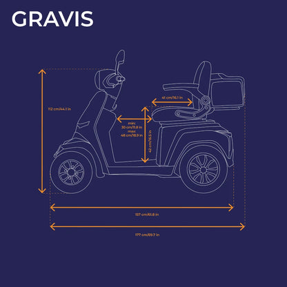 Electric Mobility Scooter Veleco Gravis features detailed dimensions for accessibility and comfort, ideal for users.