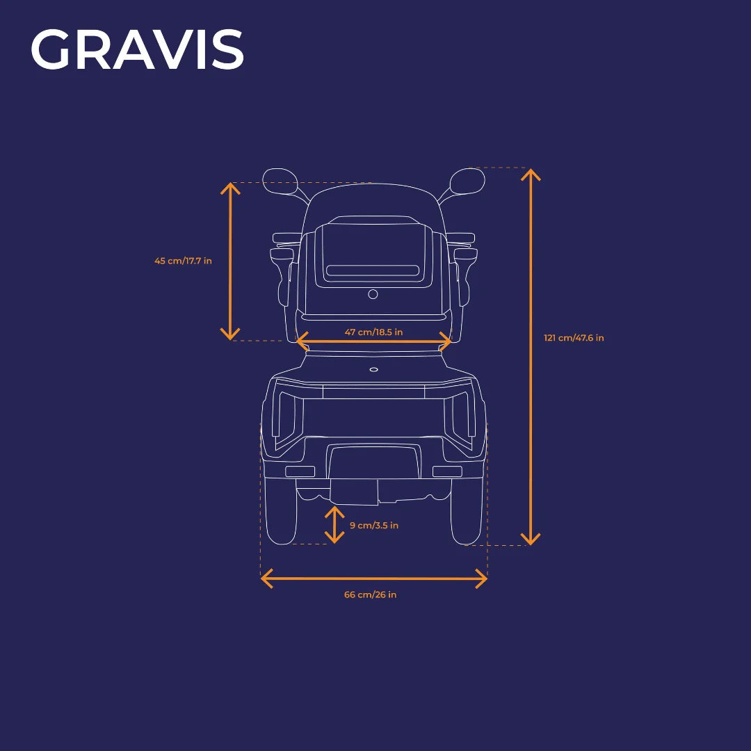 Electric Mobility Scooter Veleco Gravis, features detailed dimensions for optimal usability and comfort.