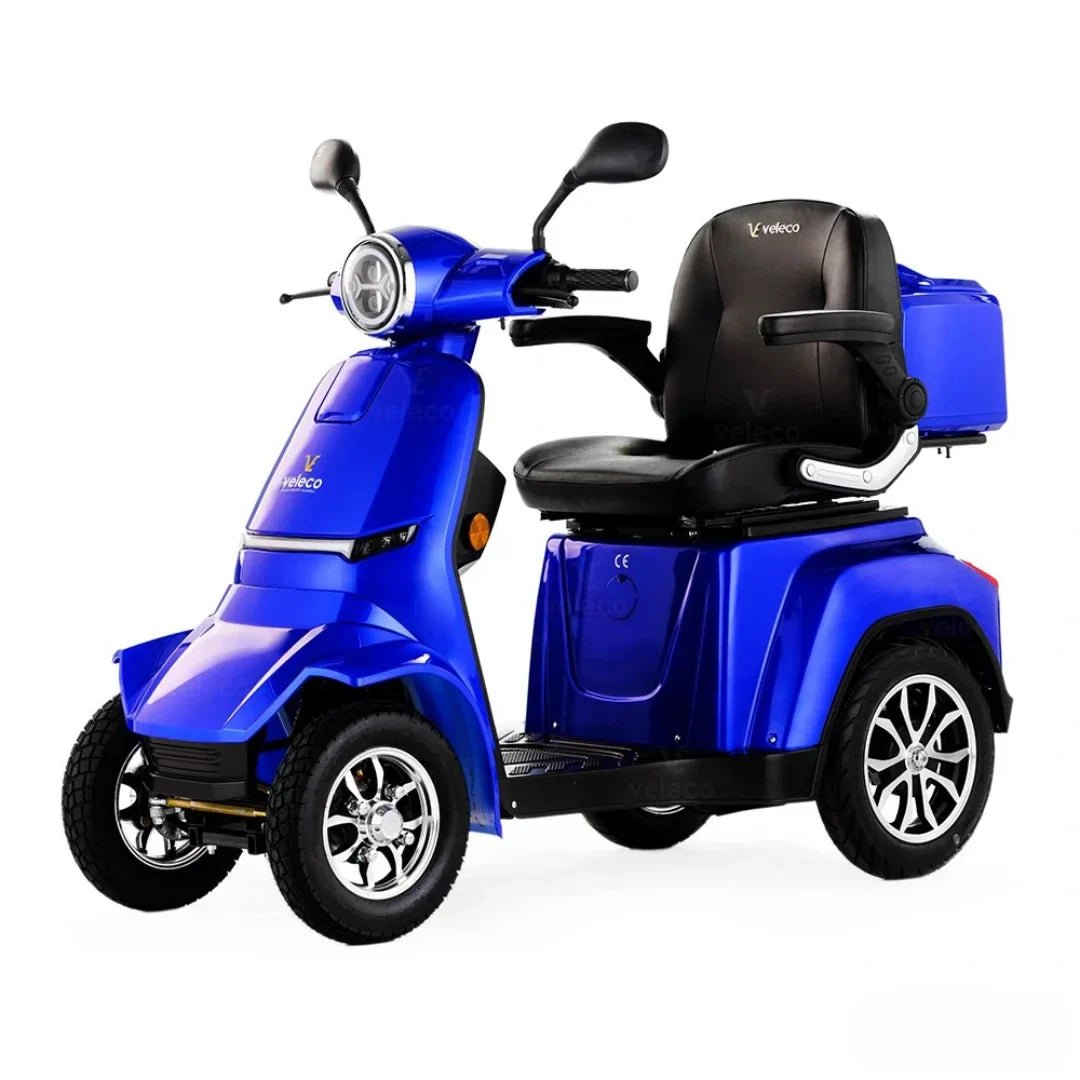 Electric Mobility Scooter Veleco Gravis features a sleek blue design, comfortable seat, and sturdy wheels.